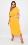 Rolled Short Sleeve V Neck Midi Dress with Belt Detail