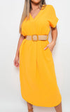 Rolled Short Sleeve V Neck Midi Dress with Belt Detail