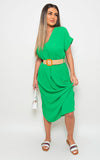 Rolled Short Sleeve V Neck Midi Dress with Belt Detail