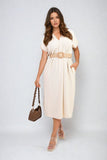 Rolled Short Sleeve V Neck Midi Dress with Belt Detail